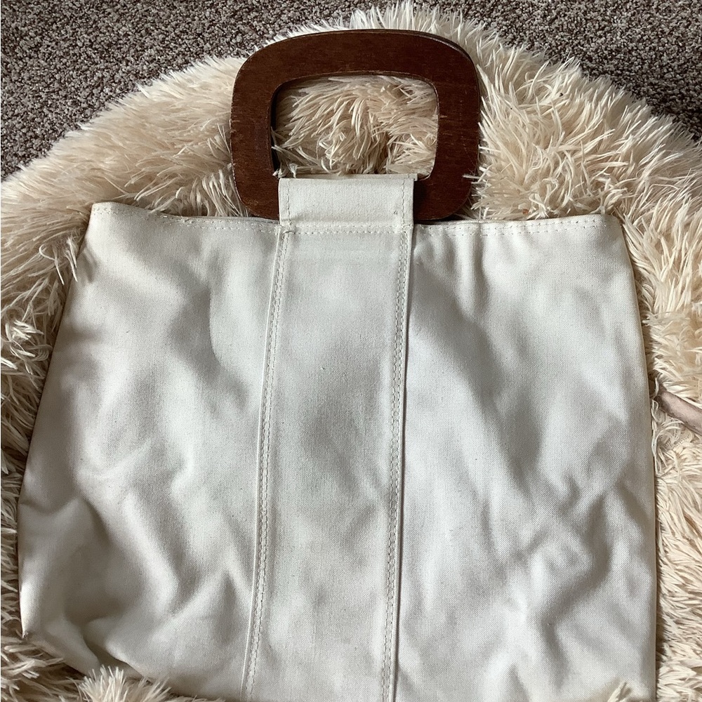 Elegant Cream Tote Bag with Wooden Handles sku210 rare vintage find!